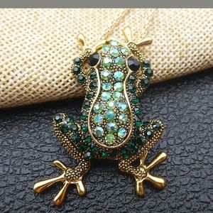 New Betsey Green Rhinestone Frog Necklace/Brooch